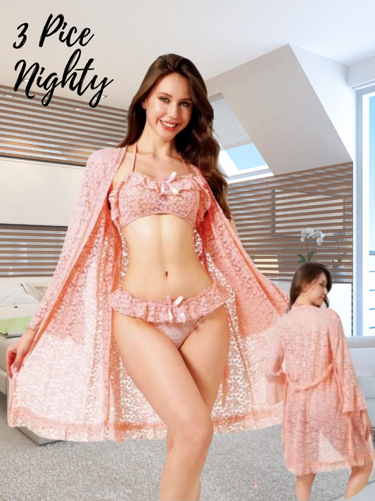 Luxury 3 Piece Nighty Set – Elegant Lace Lingerie for Women (FREE SIZE)